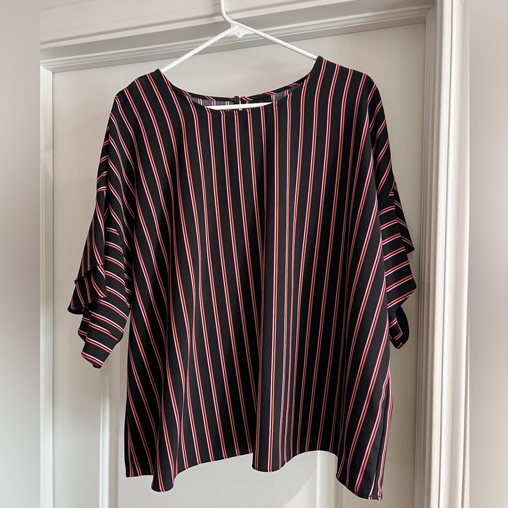 Worthington red pink and black striped short sleeved top.